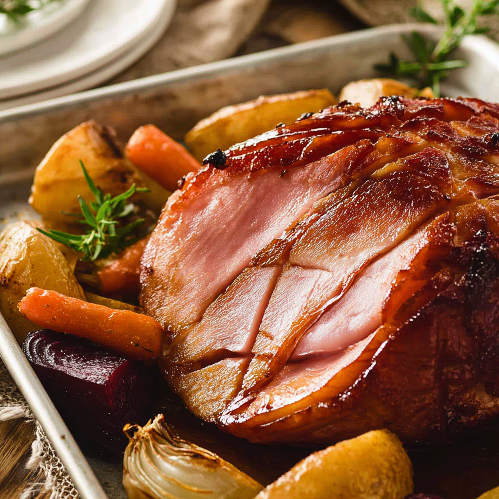 Festive Glazed Christmas Ham & Roasted Root Veggies