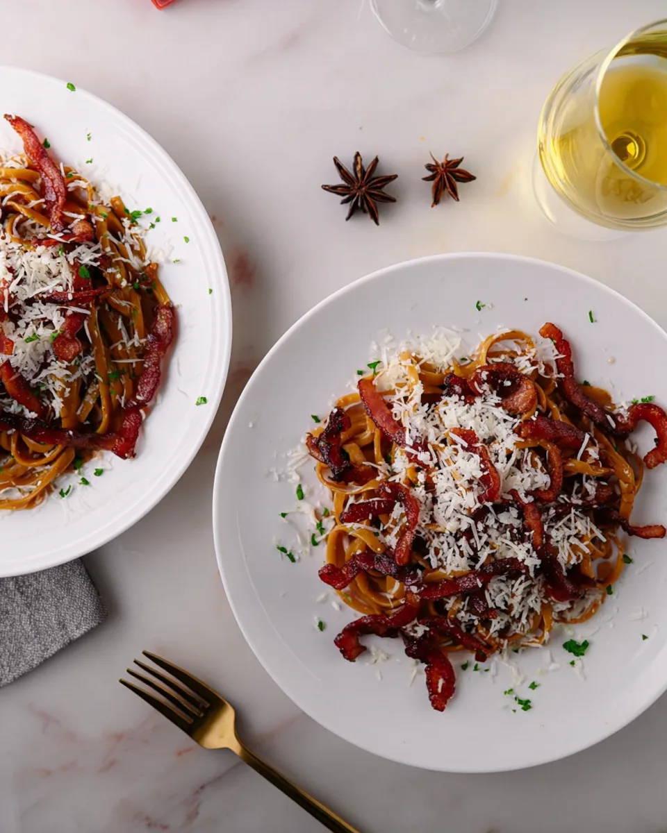 Romantic Red Wine Linguine, Crispy Bacon, Parmesan