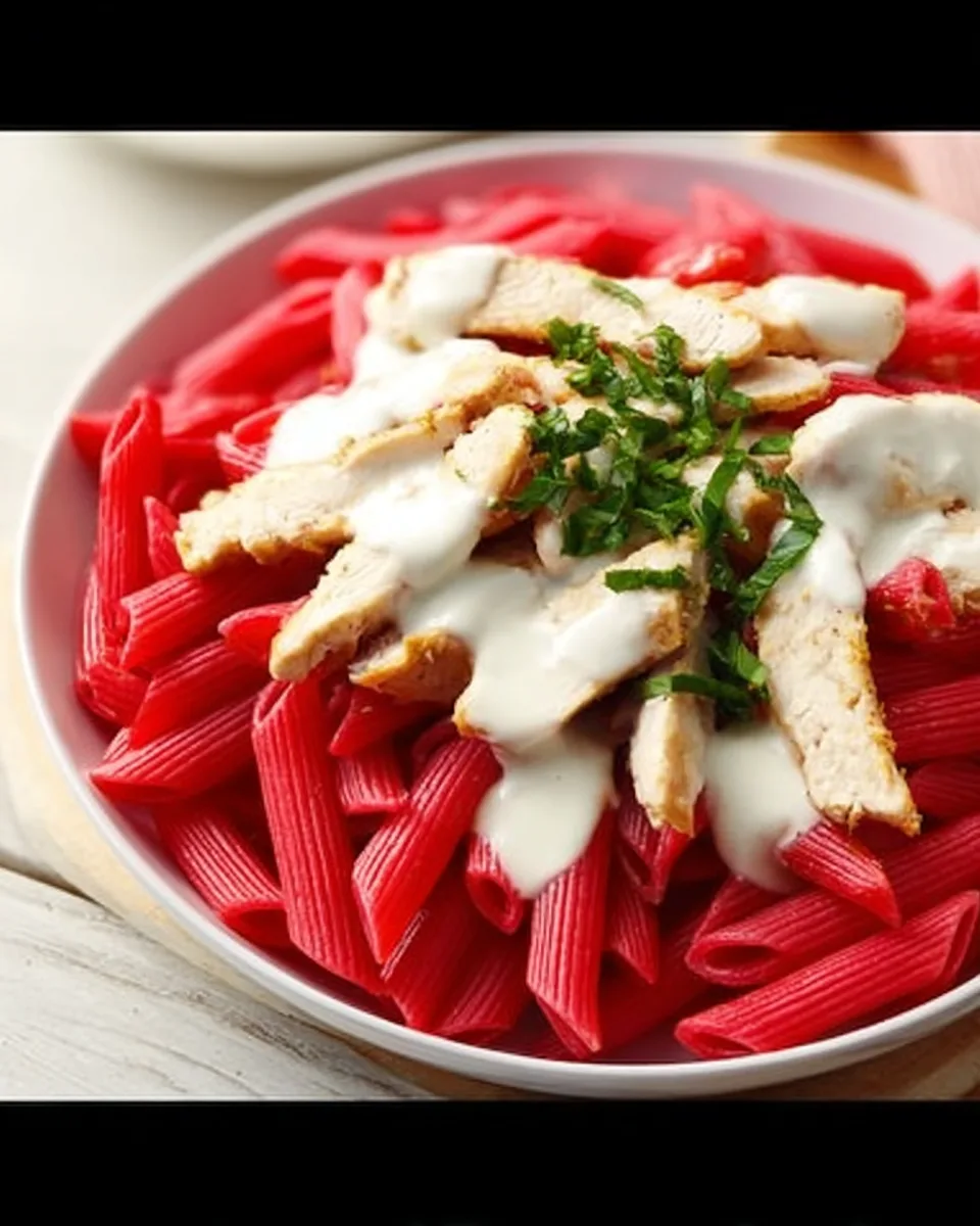 Valentine's Day Red-Dyed Chicken Penne Alfredo Dish