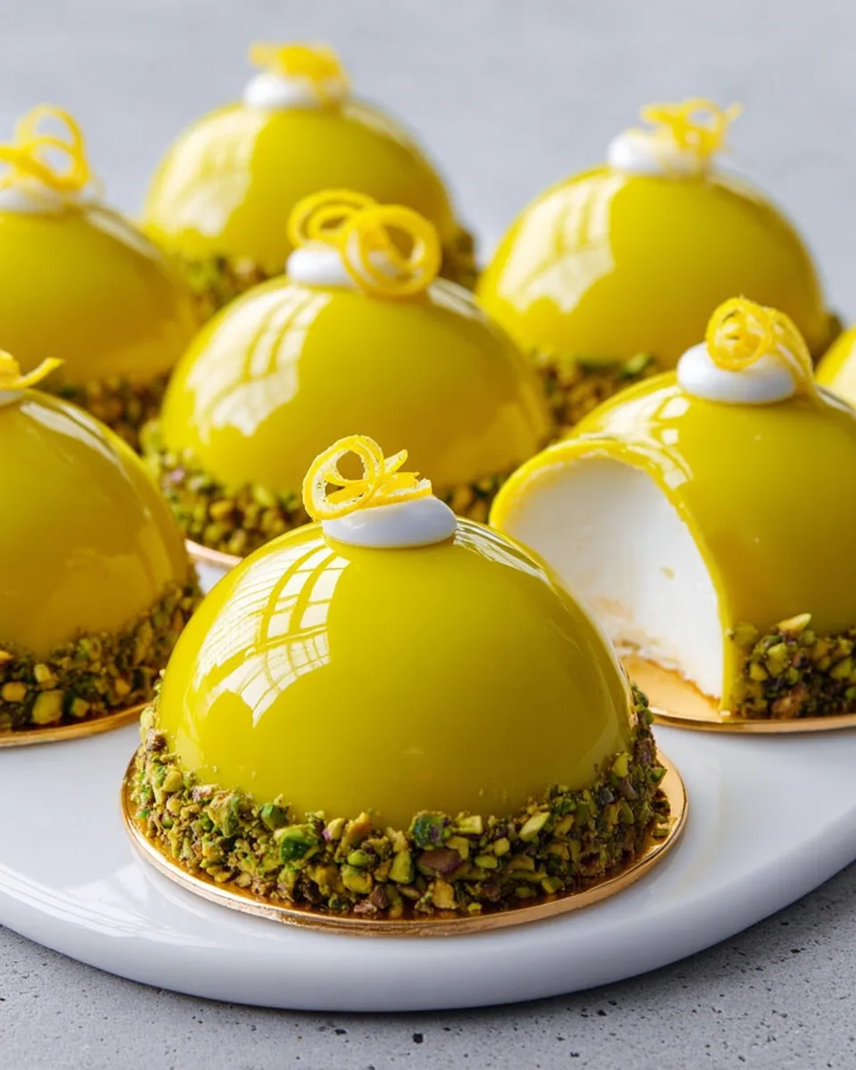 Pistachio Meyer Lemon Mousse Cakes w/ Mirror Glaze