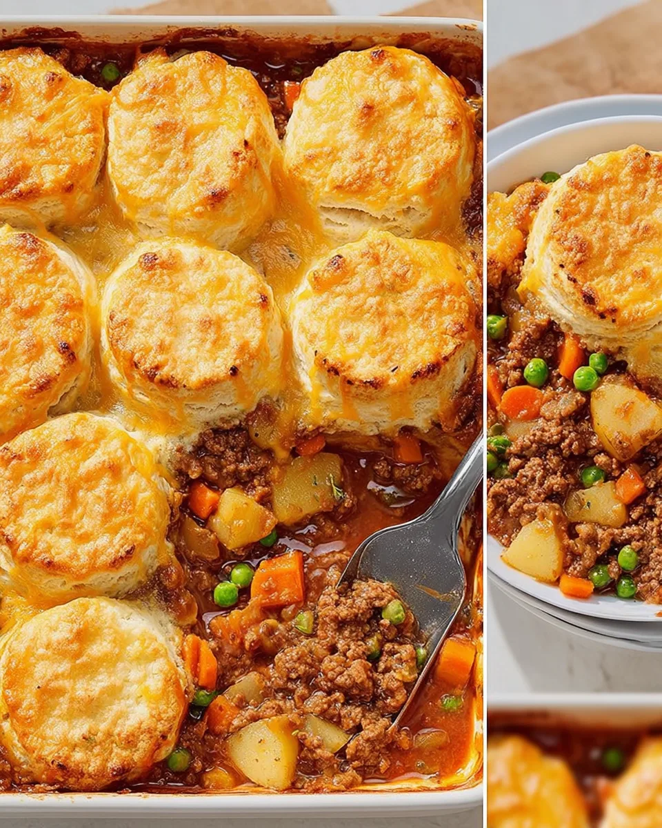 Delicious Ground Beef Pot Pie with Biscuits Recipe