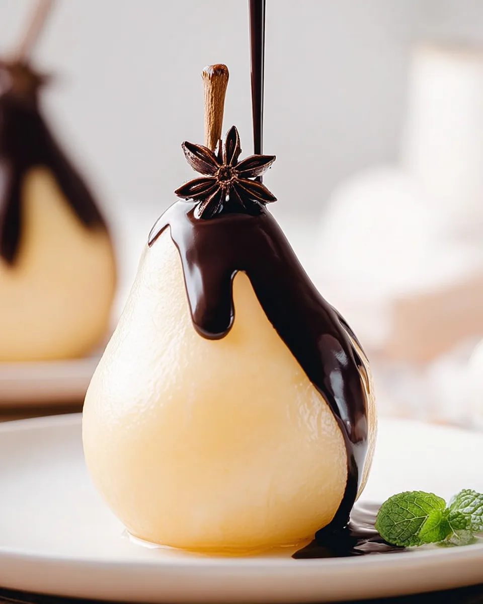 Elegant Spiced Poached Pears, Chocolate Drizzle