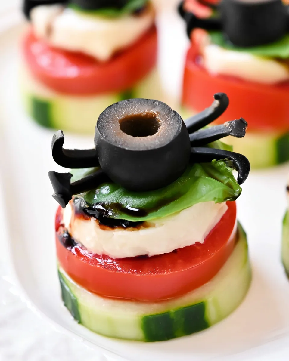 Keto Halloween Spider Caprese Cucumber Bites